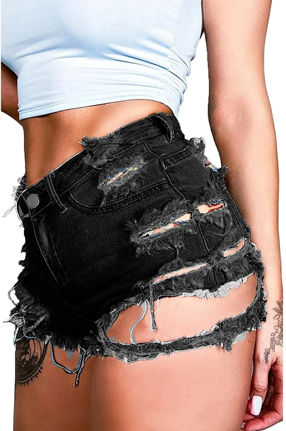 Susupeng Women Summer Irregular Waist Jean Shorts with Pockets Frayed Ripped Holes Cute Sexy Hot Mini Denim Shorts