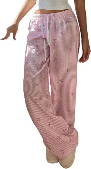 SweatyRocks Women's Y2K Striped Pants Wide Leg Drawstring High Waist Long Trousers with Pocket