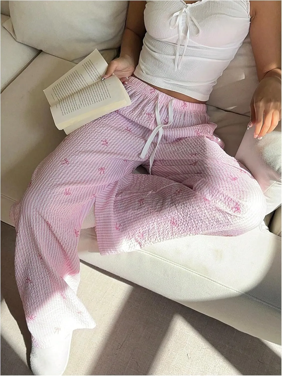 SweatyRocks Women's Y2K Striped Pants Wide Leg Drawstring High Waist Long Trousers with Pocket