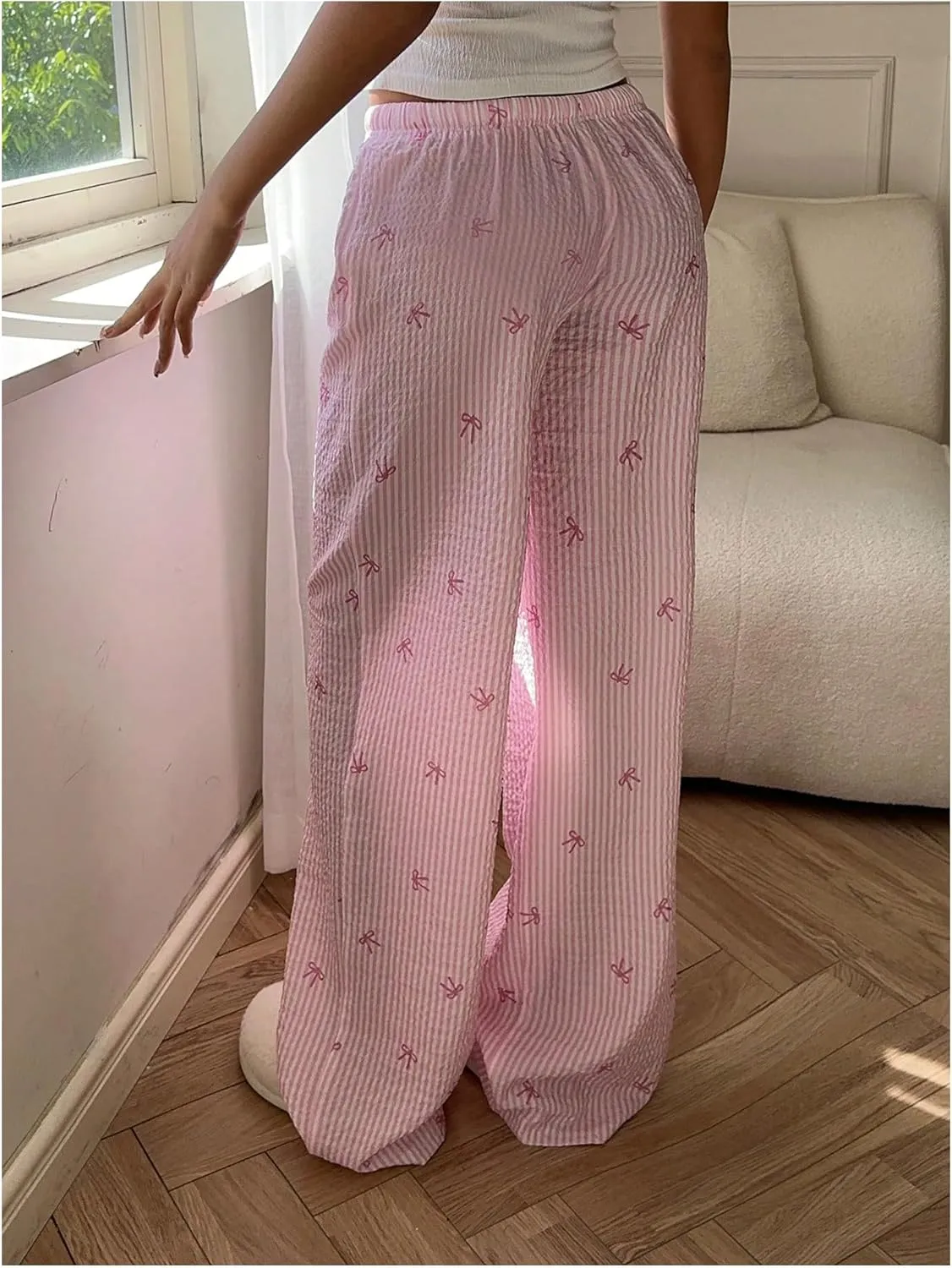 SweatyRocks Women's Y2K Striped Pants Wide Leg Drawstring High Waist Long Trousers with Pocket