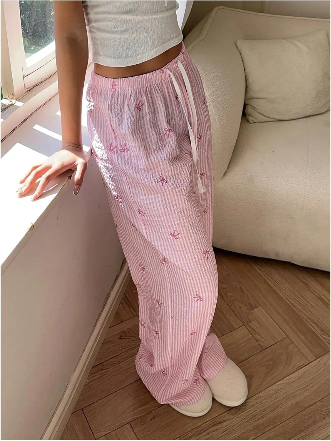 SweatyRocks Women's Y2K Striped Pants Wide Leg Drawstring High Waist Long Trousers with Pocket