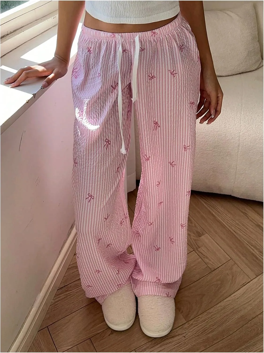 SweatyRocks Women's Y2K Striped Pants Wide Leg Drawstring High Waist Long Trousers with Pocket