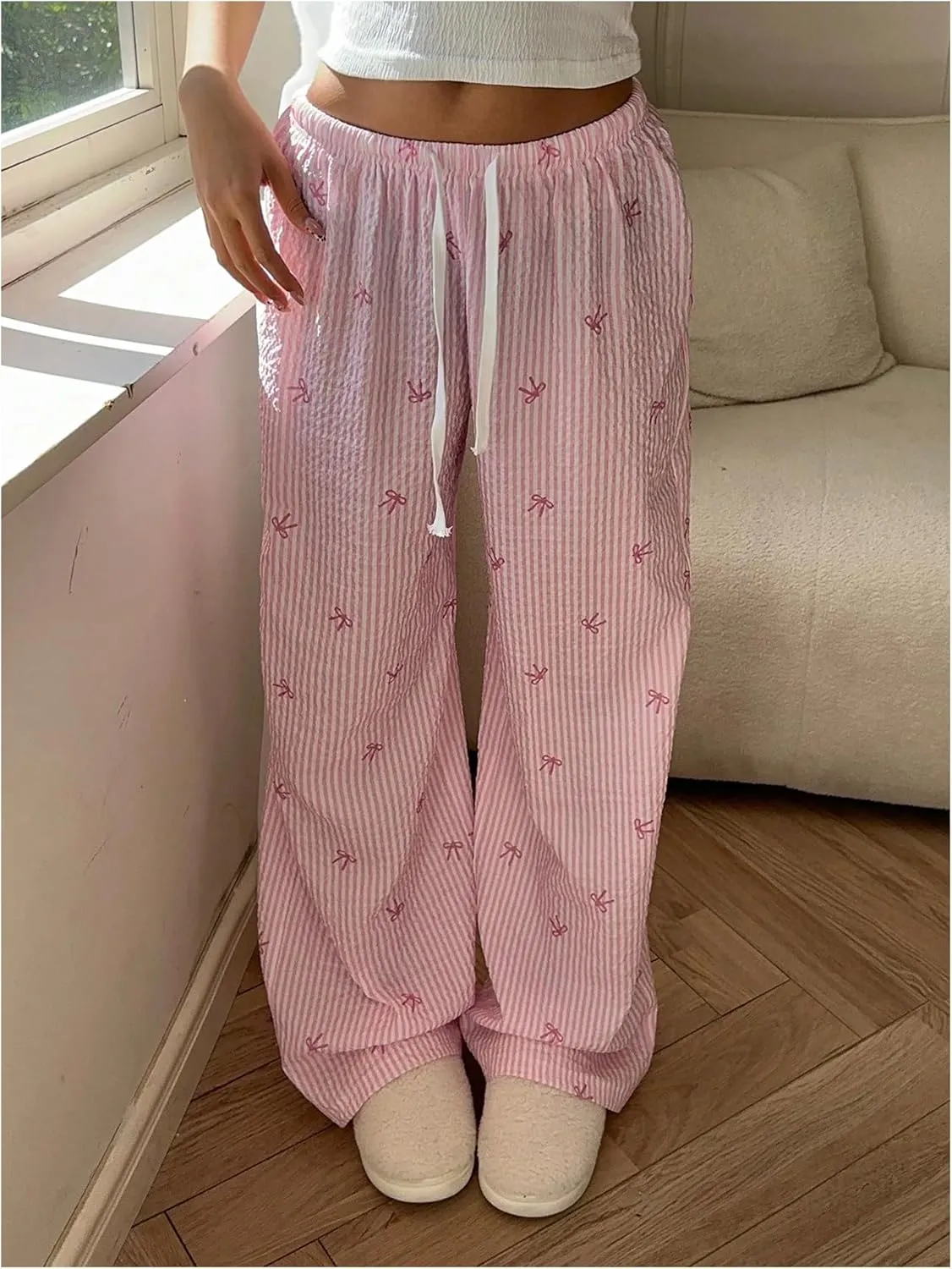 SweatyRocks Women's Y2K Striped Pants Wide Leg Drawstring High Waist Long Trousers with Pocket
