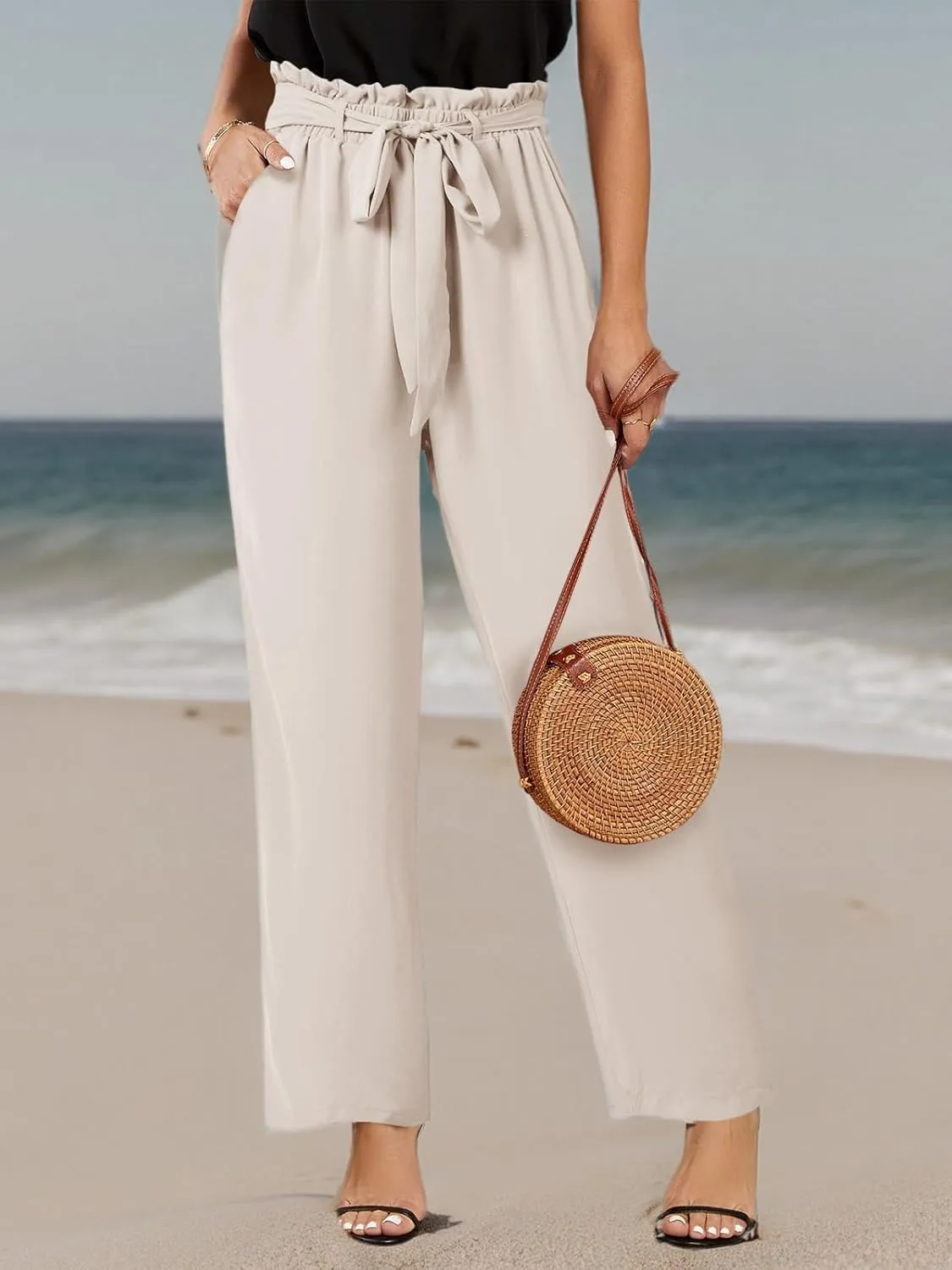 SySea Womens High Waisted Leopard Print Palazzo Pants Belted Wide Leg Long Trousers with Pockets