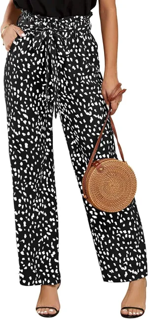 SySea Womens High Waisted Leopard Print Palazzo Pants Belted Wide Leg Long Trousers with Pockets