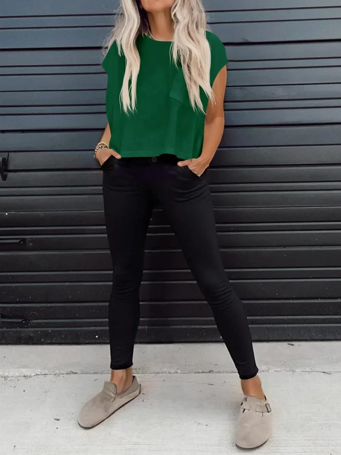 Tankaneo Womens Crop Tank Top Cap Sleeve Summer Tops Loose Casual Basic Crewneck Shirts with Pockets