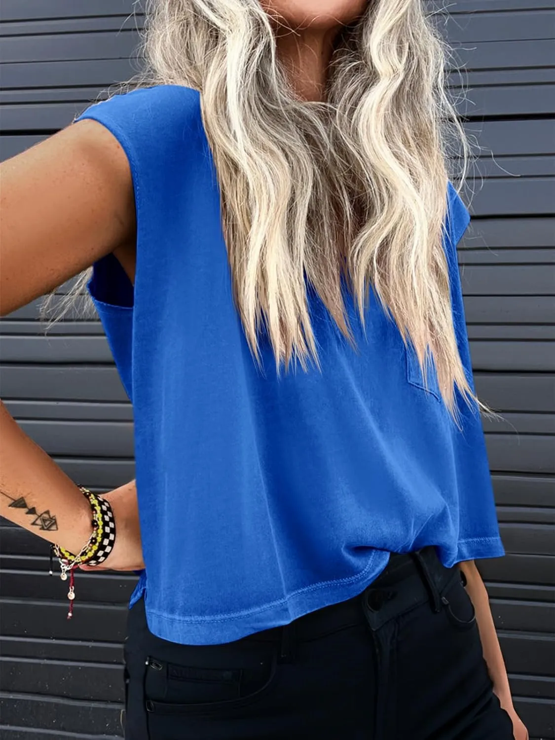 Tankaneo Womens Crop Tank Top Cap Sleeve Summer Tops Loose Casual Basic Crewneck Shirts with Pockets