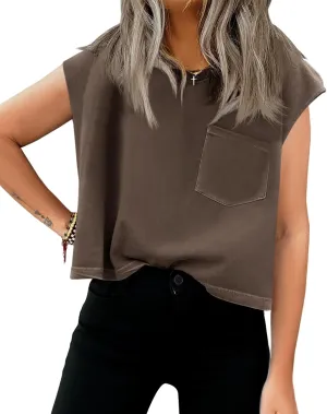 Tankaneo Womens Crop Tank Top Cap Sleeve Summer Tops Loose Casual Basic Crewneck Shirts with Pockets