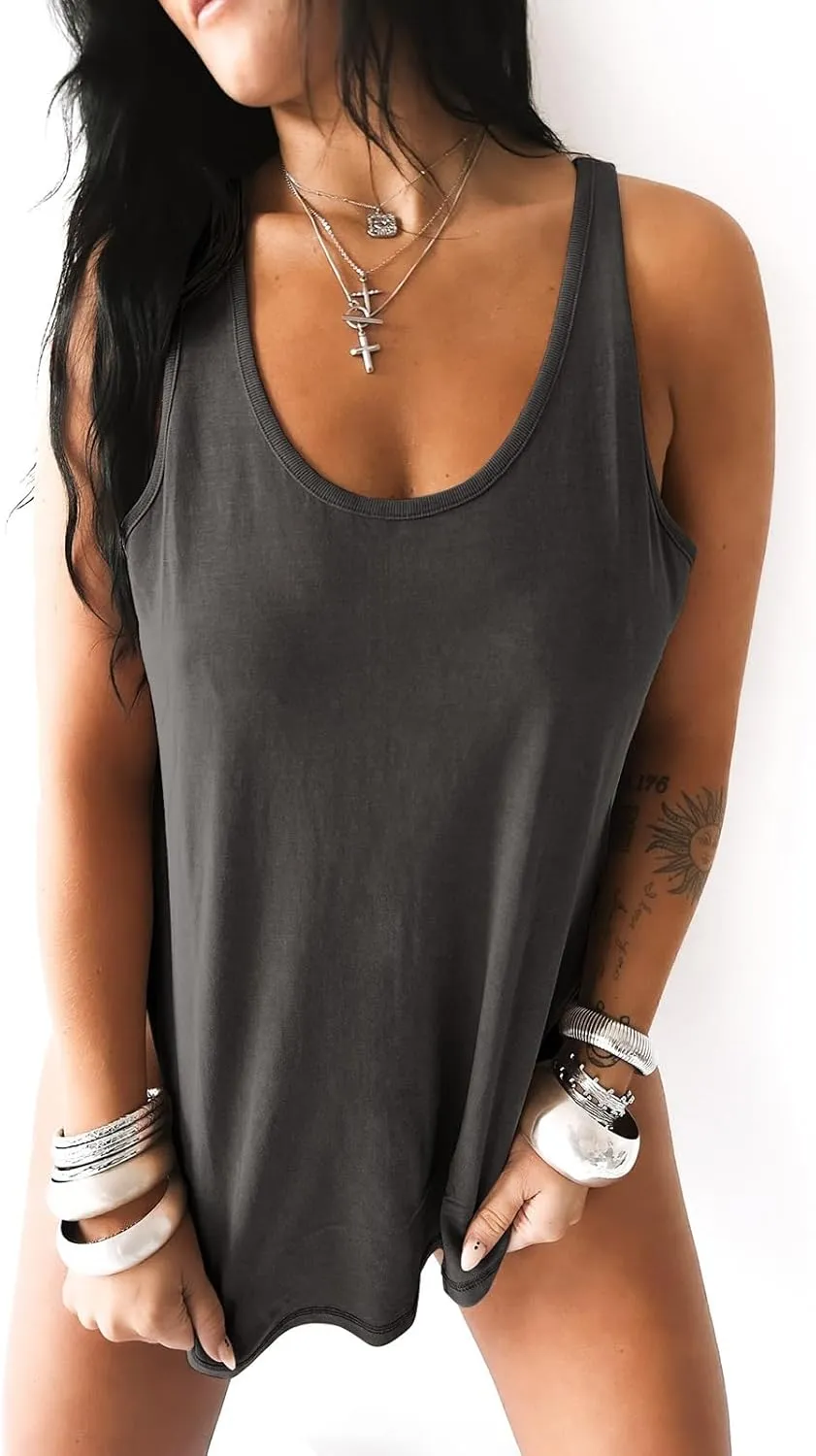 Tankaneo Womens Scoop Neck Long Tank Tops Side Slit Oversized Cotton Racerback Sleeveless Athletic Tees Shirts