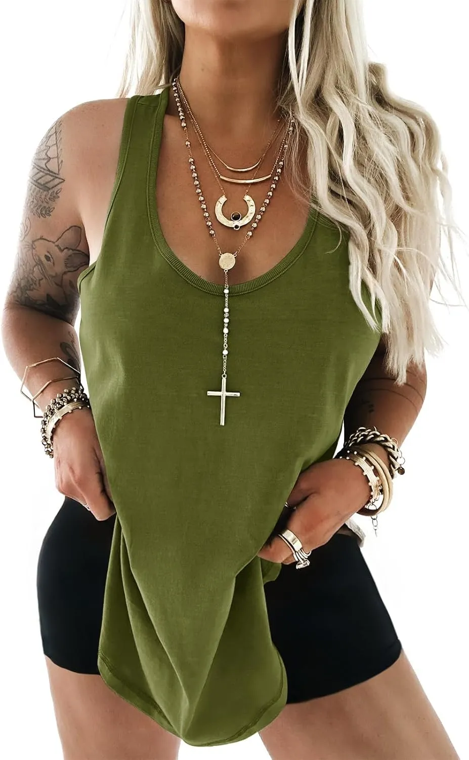 Tankaneo Womens Scoop Neck Long Tank Tops Side Slit Oversized Cotton Racerback Sleeveless Athletic Tees Shirts