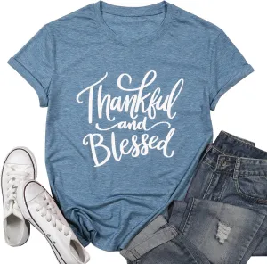 Thanksgiving Shirts for Women Thankful and Blessed Tshirt Fall Graphic Tees Casual Short Sleeve Tops