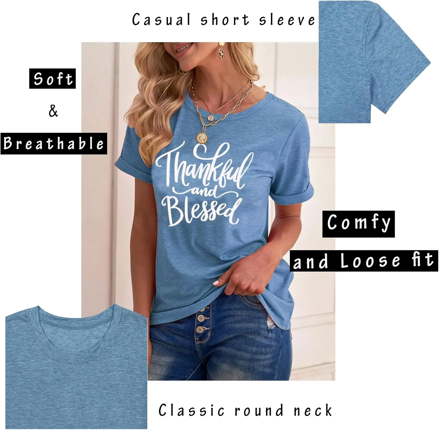 Thanksgiving Shirts for Women Thankful and Blessed Tshirt Fall Graphic Tees Casual Short Sleeve Tops
