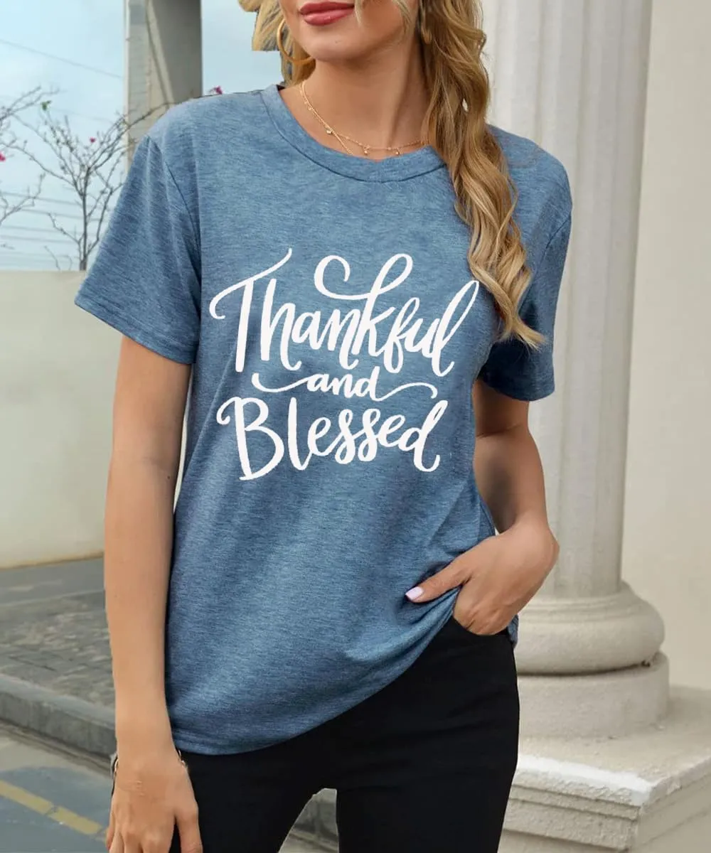Thanksgiving Shirts for Women Thankful and Blessed Tshirt Fall Graphic Tees Casual Short Sleeve Tops