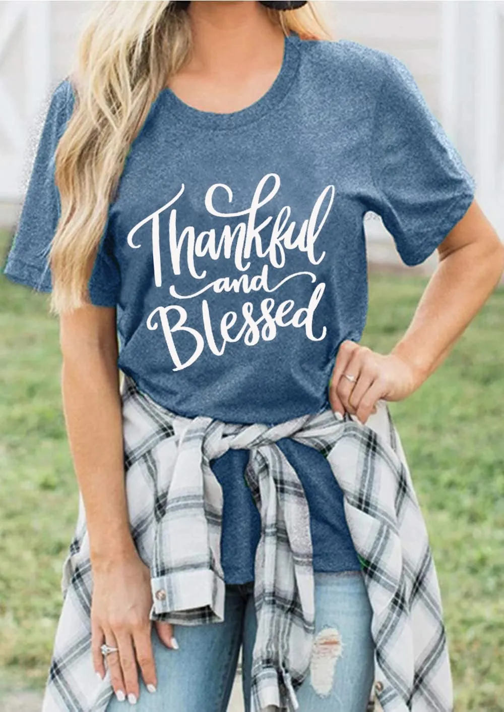 Thanksgiving Shirts for Women Thankful and Blessed Tshirt Fall Graphic Tees Casual Short Sleeve Tops