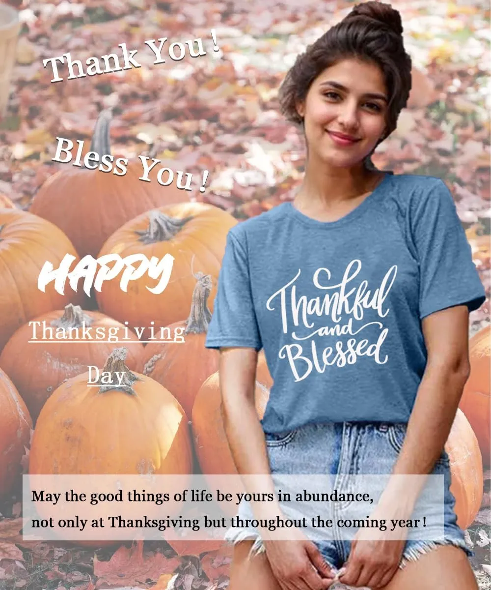 Thanksgiving Shirts for Women Thankful and Blessed Tshirt Fall Graphic Tees Casual Short Sleeve Tops