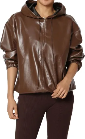 TheMogan Women's Faux Leather Oversized Hoodie Smooth Relaxed Fit Vegan Pleather Hooded Pullover
