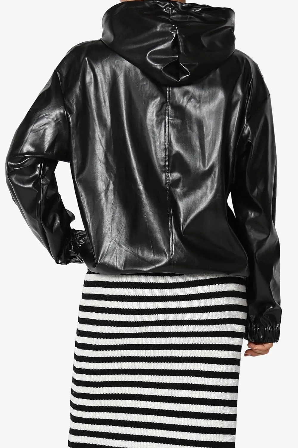 TheMogan Women's Faux Leather Oversized Hoodie Smooth Relaxed Fit Vegan Pleather Hooded Pullover