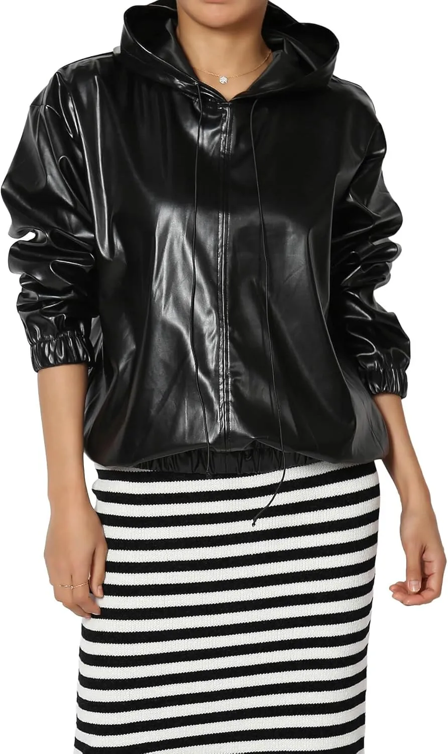 TheMogan Women's Faux Leather Oversized Hoodie Smooth Relaxed Fit Vegan Pleather Hooded Pullover
