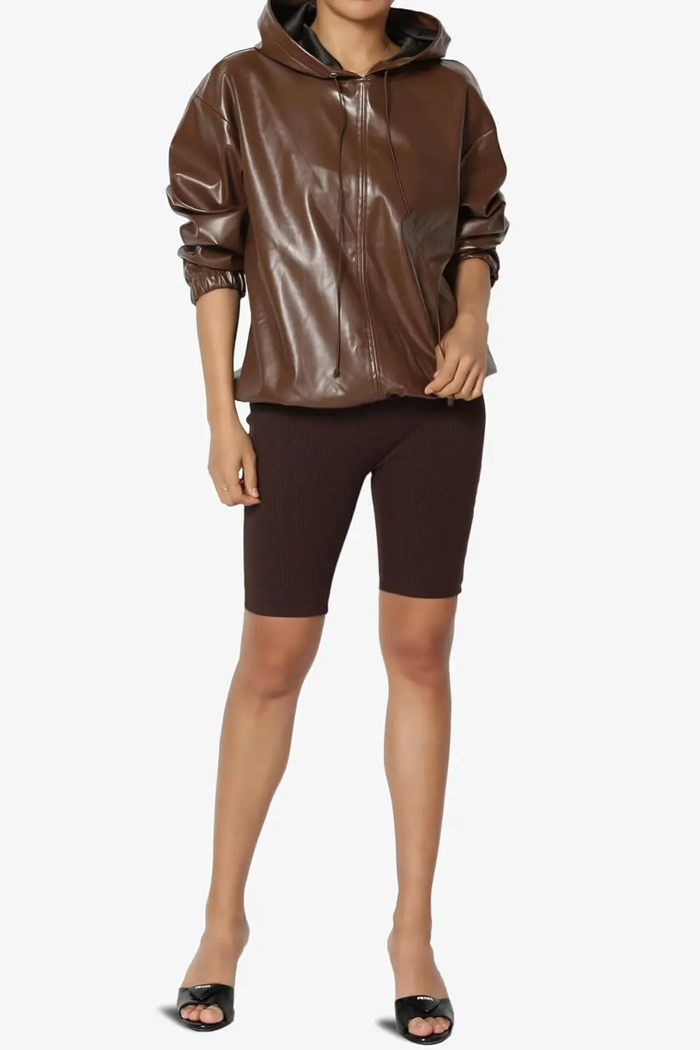 TheMogan Women's Faux Leather Oversized Hoodie Smooth Relaxed Fit Vegan Pleather Hooded Pullover