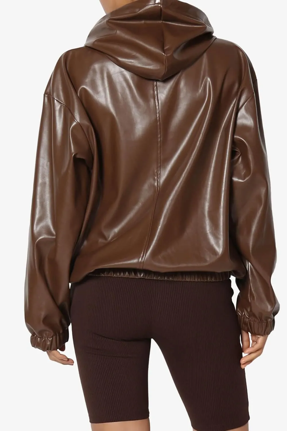 TheMogan Women's Faux Leather Oversized Hoodie Smooth Relaxed Fit Vegan Pleather Hooded Pullover