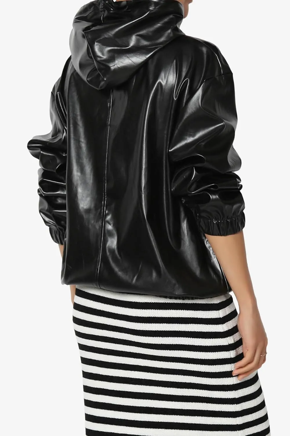 TheMogan Women's Faux Leather Oversized Hoodie Smooth Relaxed Fit Vegan Pleather Hooded Pullover
