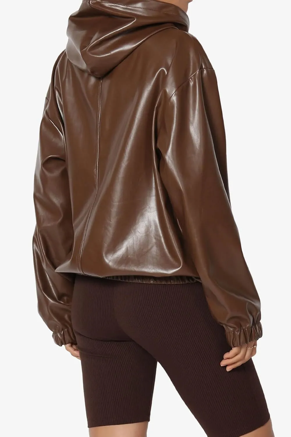 TheMogan Women's Faux Leather Oversized Hoodie Smooth Relaxed Fit Vegan Pleather Hooded Pullover