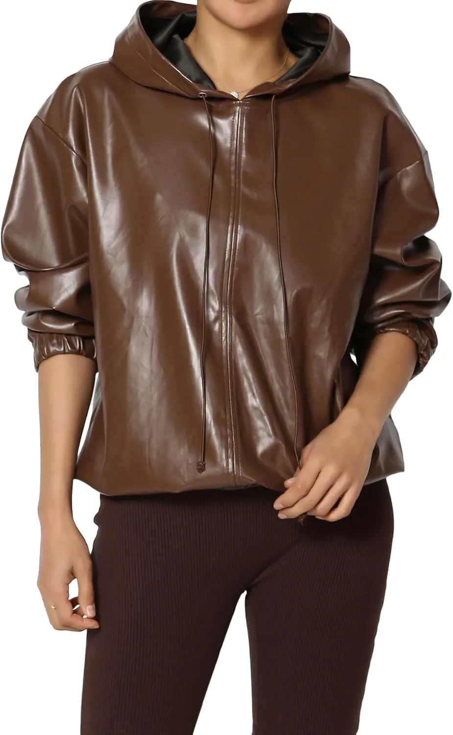 TheMogan Women's Faux Leather Oversized Hoodie Smooth Relaxed Fit Vegan Pleather Hooded Pullover
