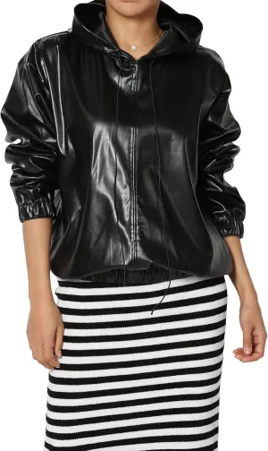 TheMogan Women's Faux Leather Oversized Hoodie Smooth Relaxed Fit Vegan Pleather Hooded Pullover