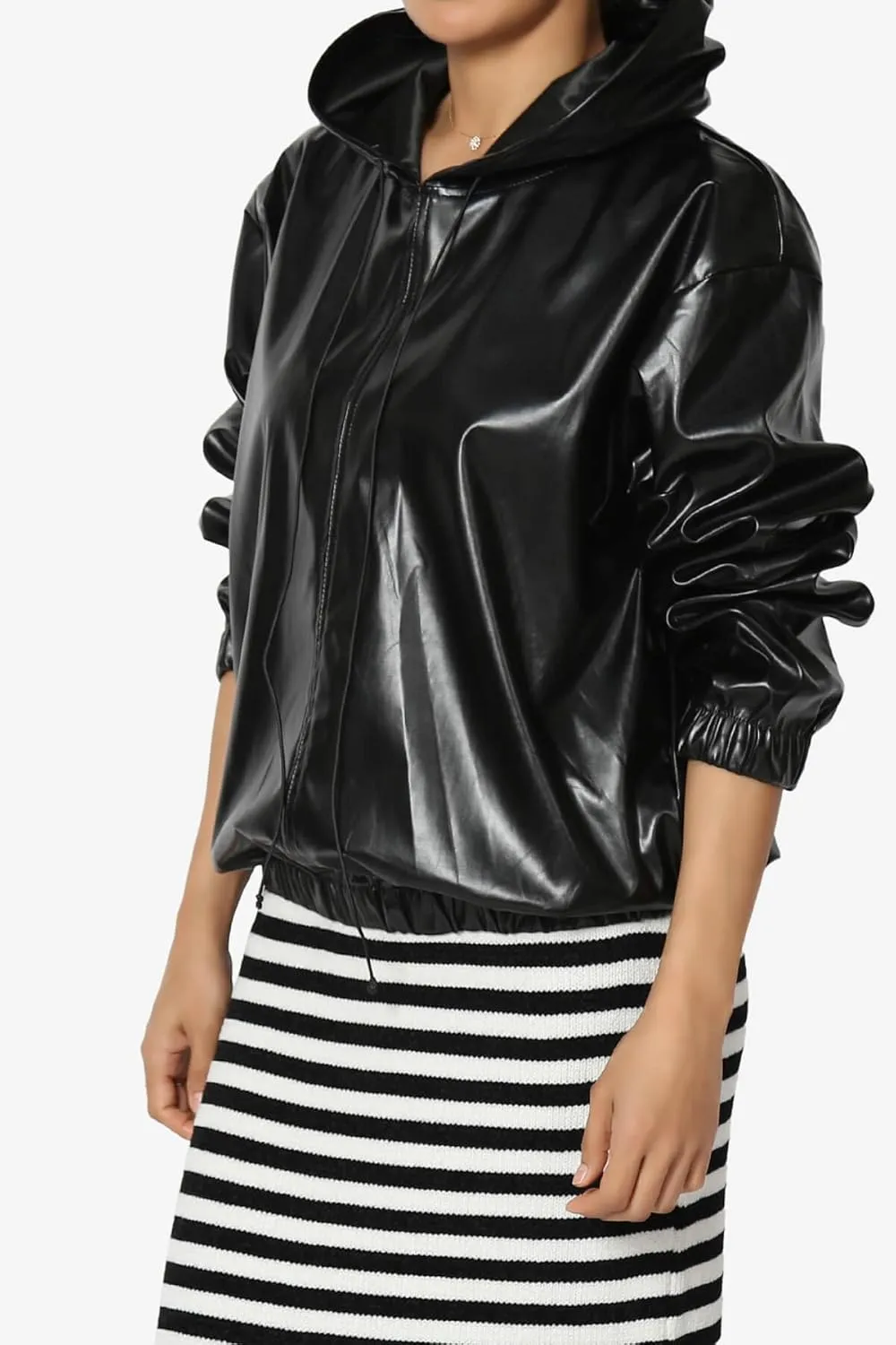 TheMogan Women's Faux Leather Oversized Hoodie Smooth Relaxed Fit Vegan Pleather Hooded Pullover