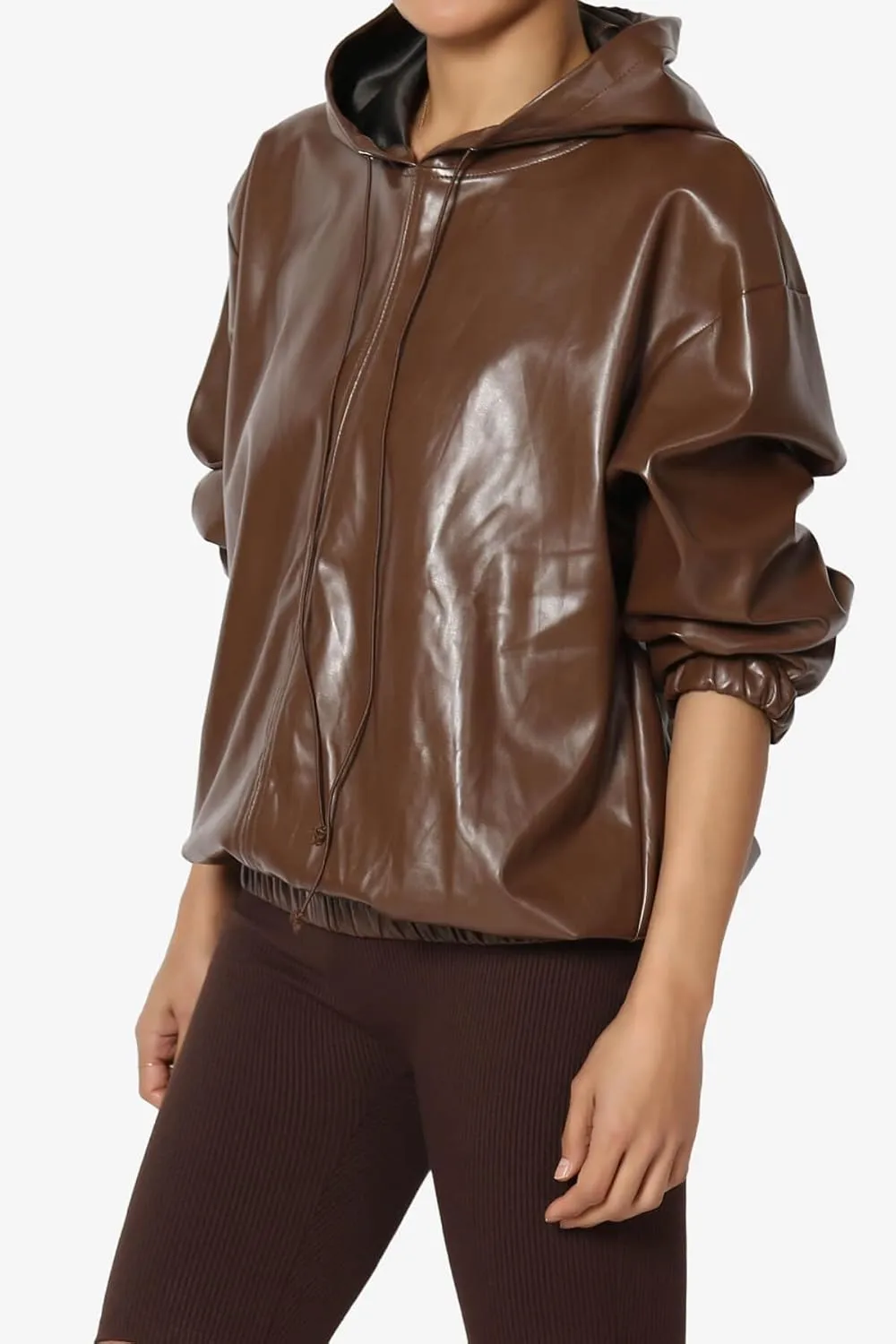TheMogan Women's Faux Leather Oversized Hoodie Smooth Relaxed Fit Vegan Pleather Hooded Pullover