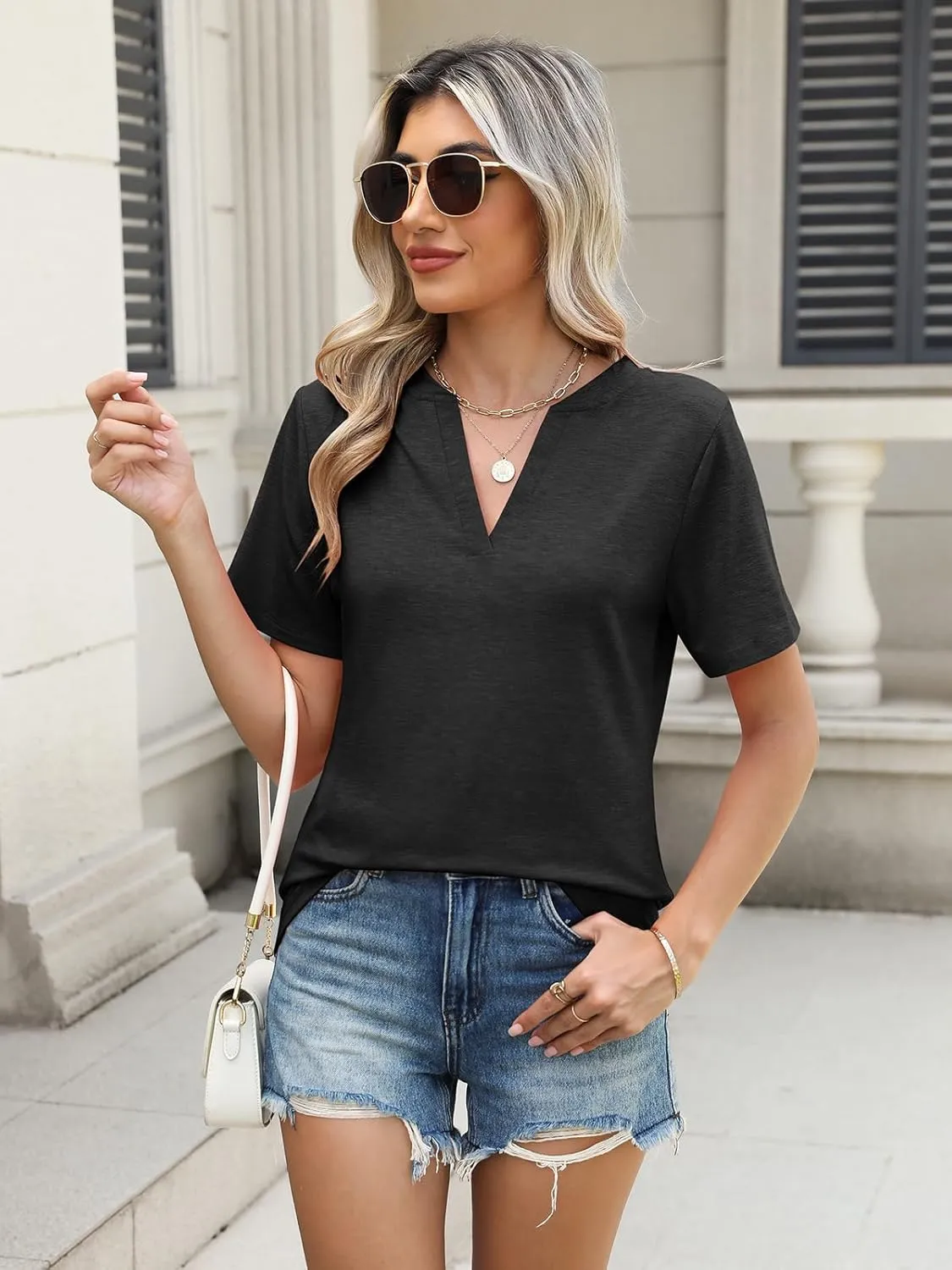TICTICMIMI Women's V Neck Short Sleeve Tops Summer T Shirts Loose Fit Dressy Tees