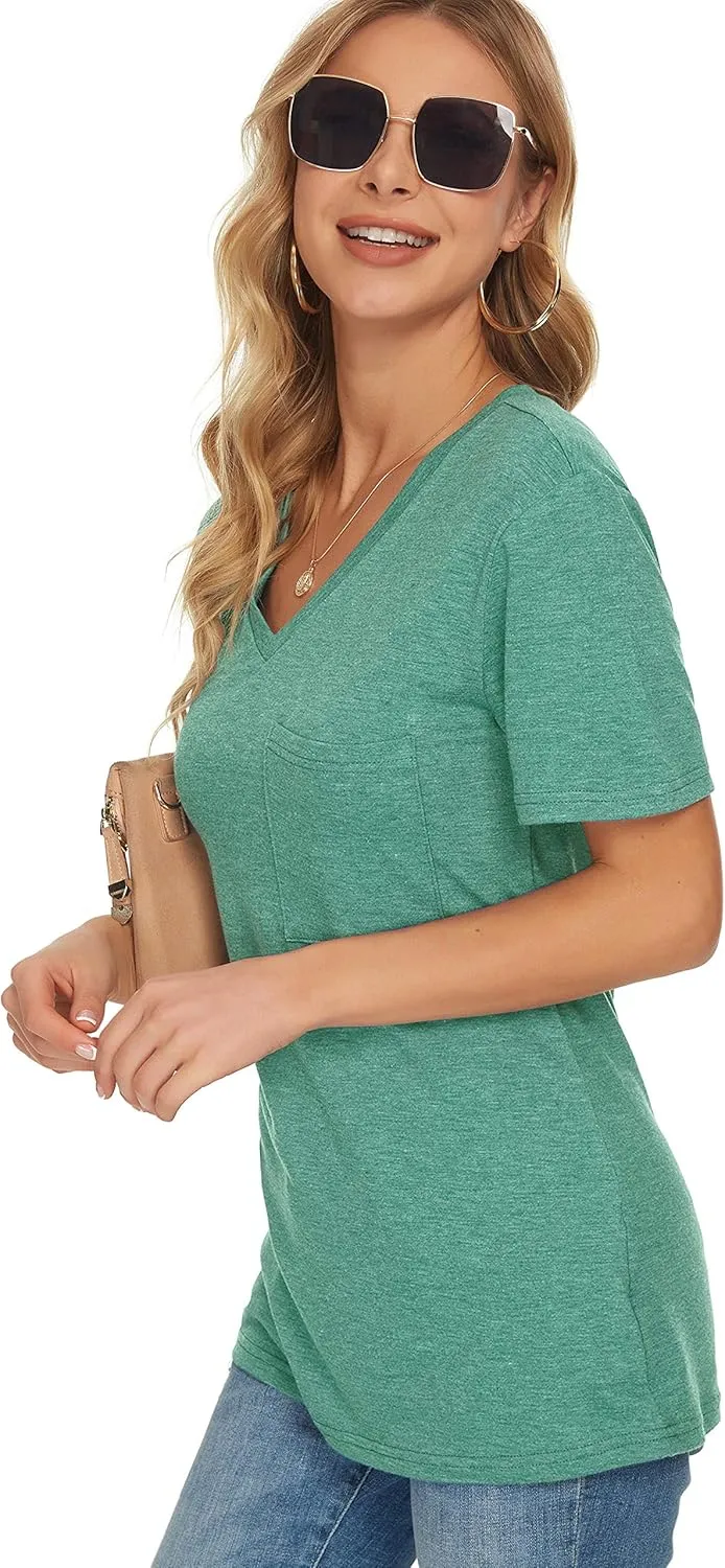 TODOLOR Womens T Shirts Short Sleeve V Neck Loose Casual Summer Tees Basic Tunic Tops with Pocket