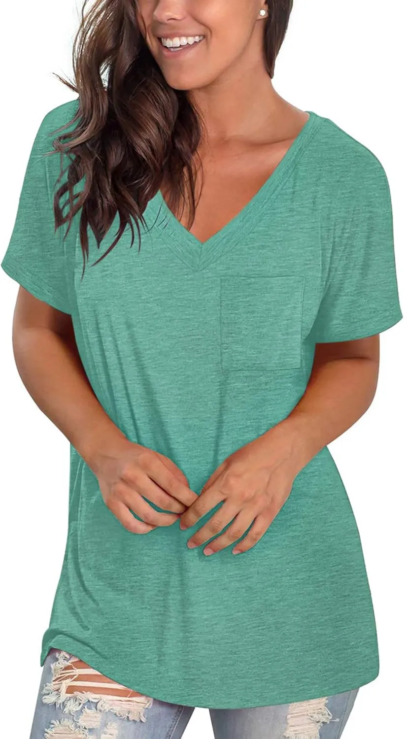 TODOLOR Womens T Shirts Short Sleeve V Neck Loose Casual Summer Tees Basic Tunic Tops with Pocket