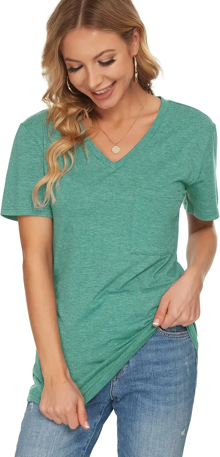 TODOLOR Womens T Shirts Short Sleeve V Neck Loose Casual Summer Tees Basic Tunic Tops with Pocket