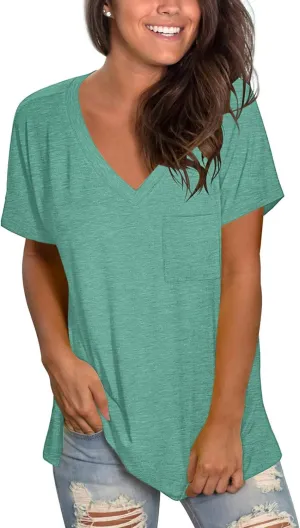 TODOLOR Womens T Shirts Short Sleeve V Neck Loose Casual Summer Tees Basic Tunic Tops with Pocket