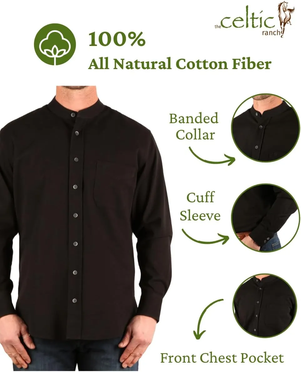 Traditional Irish Grandfather Shirt, Men's Casual Long Sleeve Button Down Collarless Dress Shirt