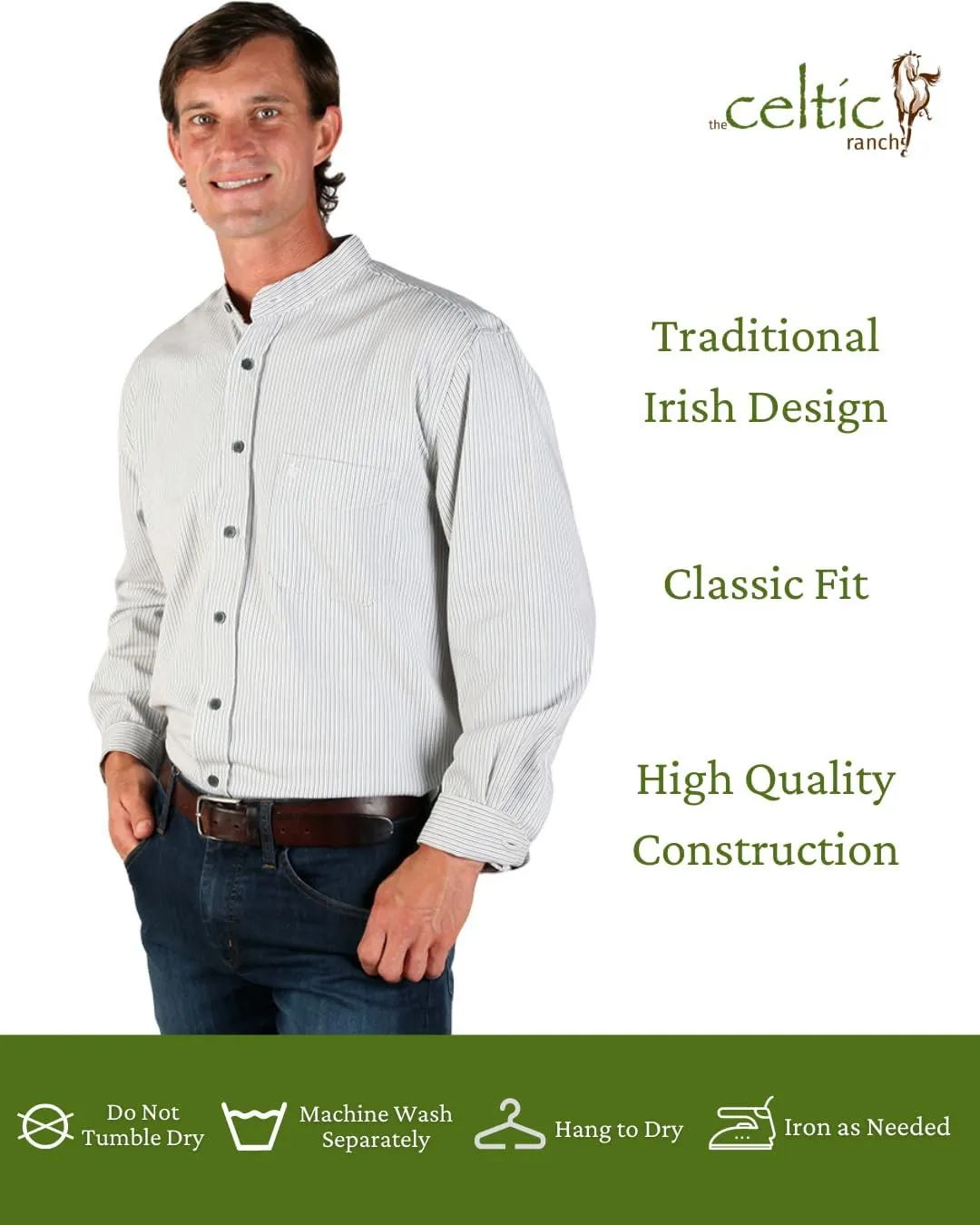 Traditional Irish Grandfather Shirt, Men's Casual Long Sleeve Button Down Collarless Dress Shirt