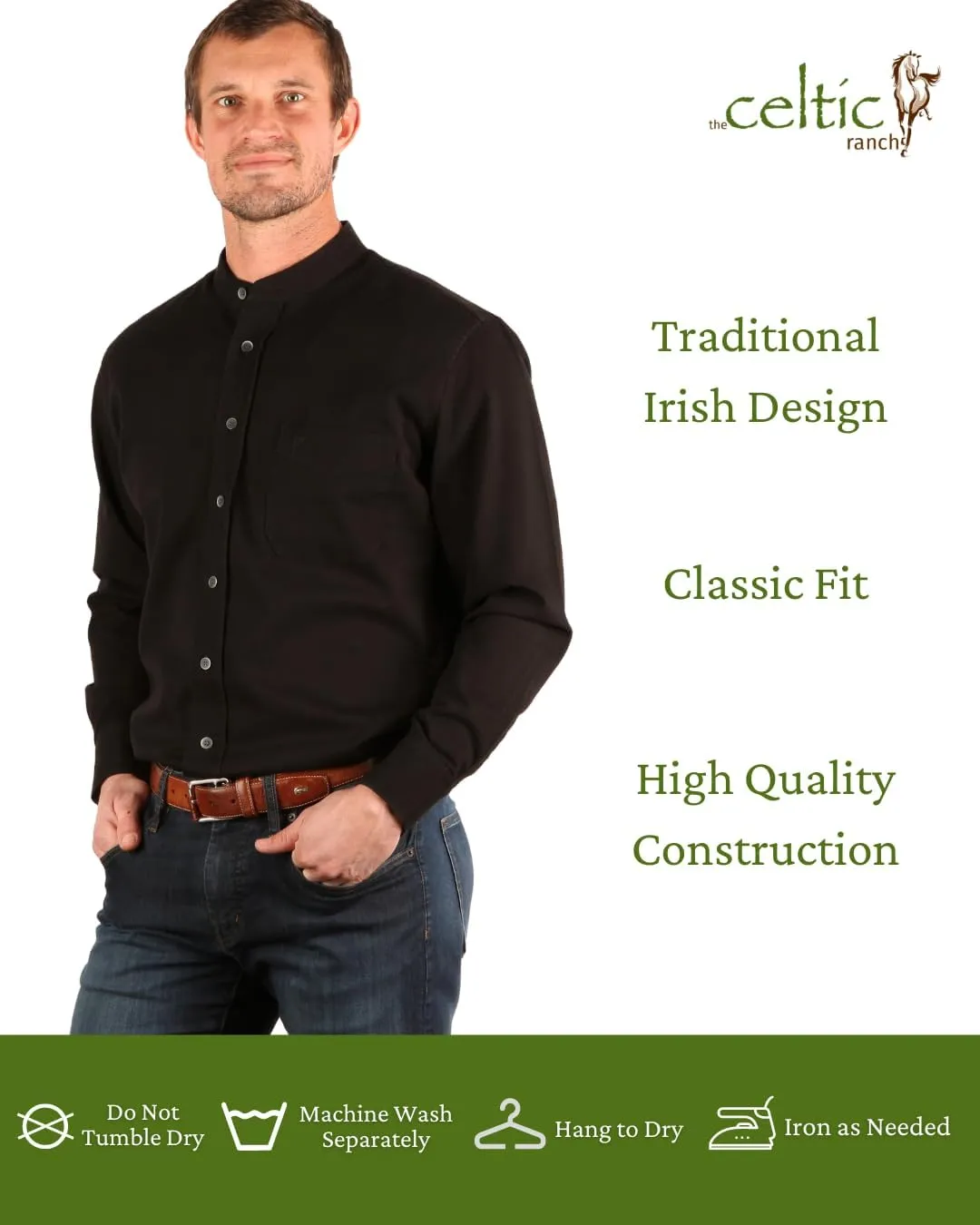 Traditional Irish Grandfather Shirt, Men's Casual Long Sleeve Button Down Collarless Dress Shirt