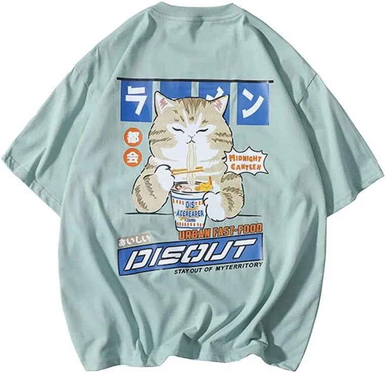 Vamtac Graphic Tees Men Ramen Cat Oversized T Shirt Cotton T Shirts Streetwear Casual Y2K Summer Tops Unisex