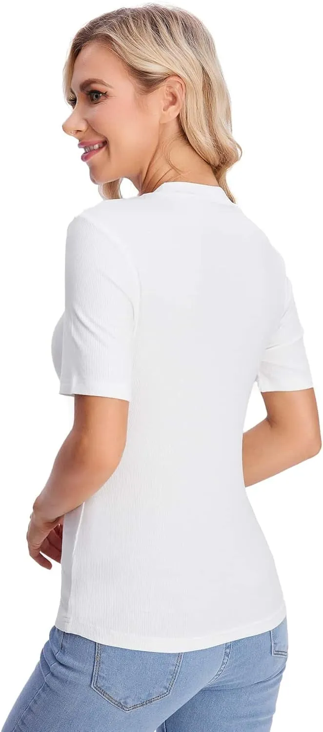 Verdusa Women's Business Casual Tops Mock Neck Short Sleeve Knit Basic Tees Work Ofiice Outfits