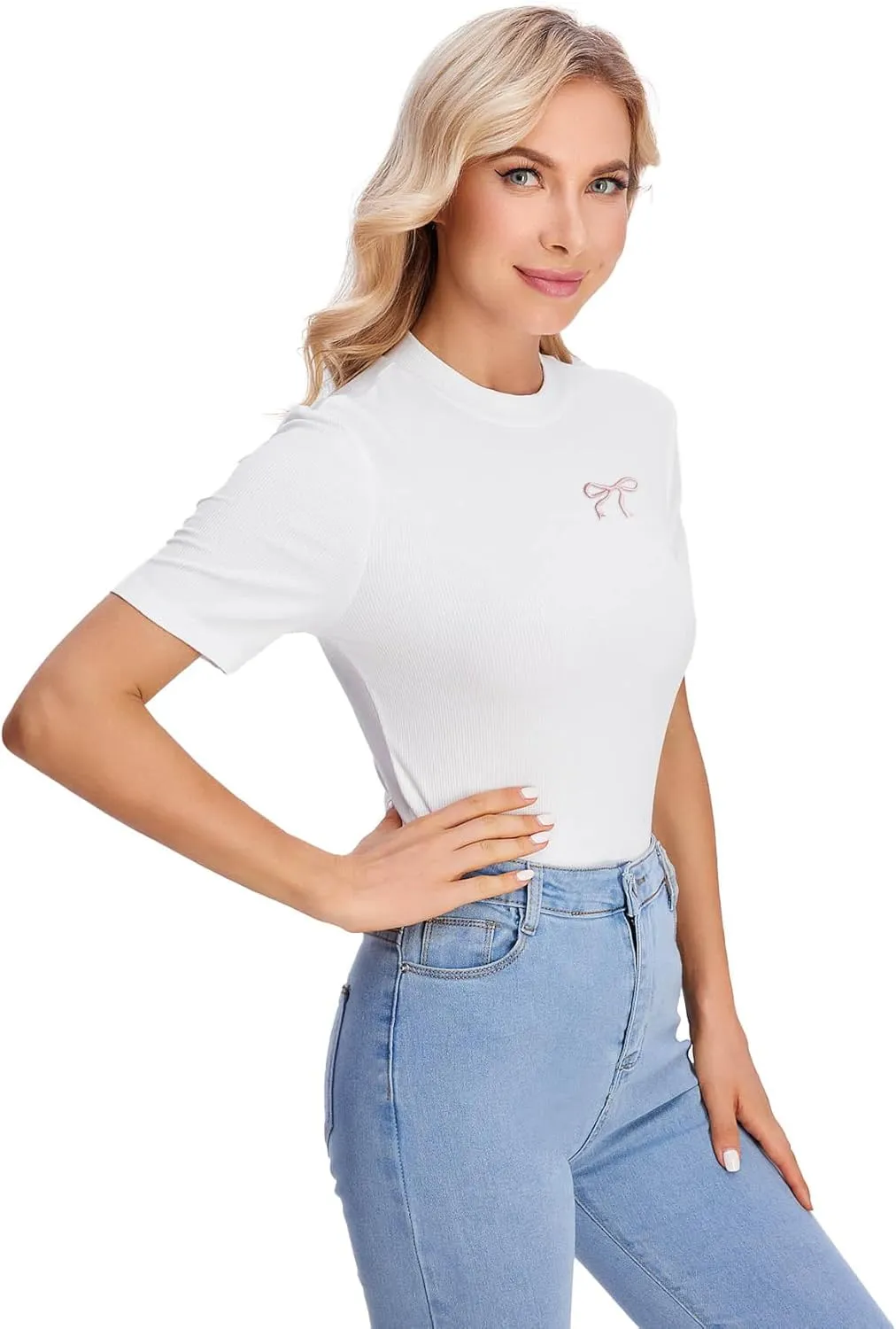 Verdusa Women's Business Casual Tops Mock Neck Short Sleeve Knit Basic Tees Work Ofiice Outfits