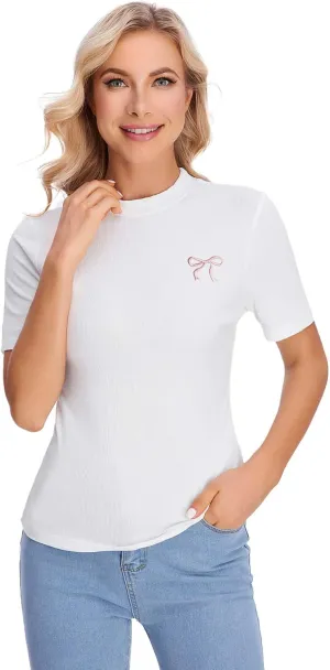 Verdusa Women's Business Casual Tops Mock Neck Short Sleeve Knit Basic Tees Work Ofiice Outfits