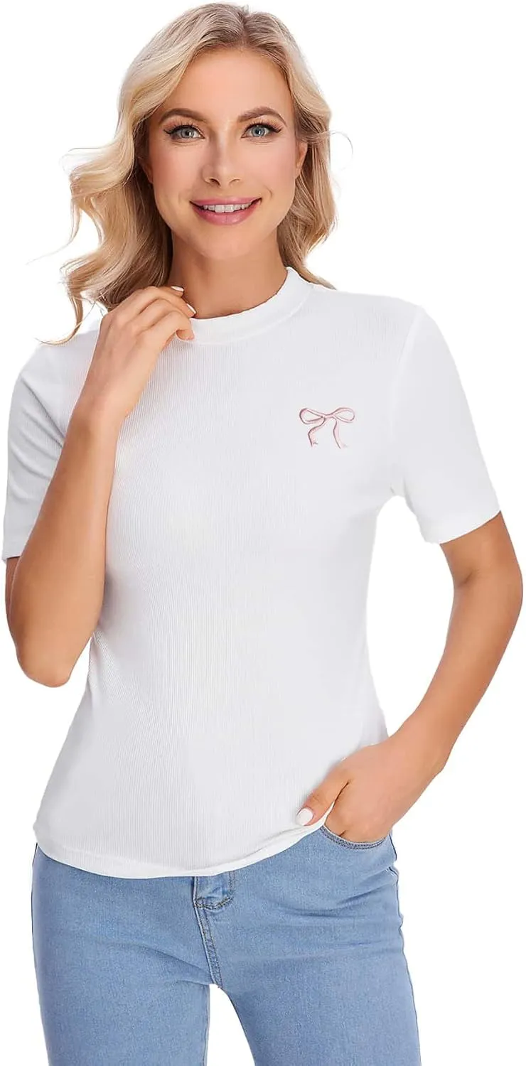 Verdusa Women's Business Casual Tops Mock Neck Short Sleeve Knit Basic Tees Work Ofiice Outfits