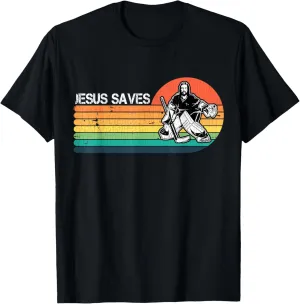 Vintage Retro Sunset Jesus Saves Hockey Player Jesus Lover T-Shirt