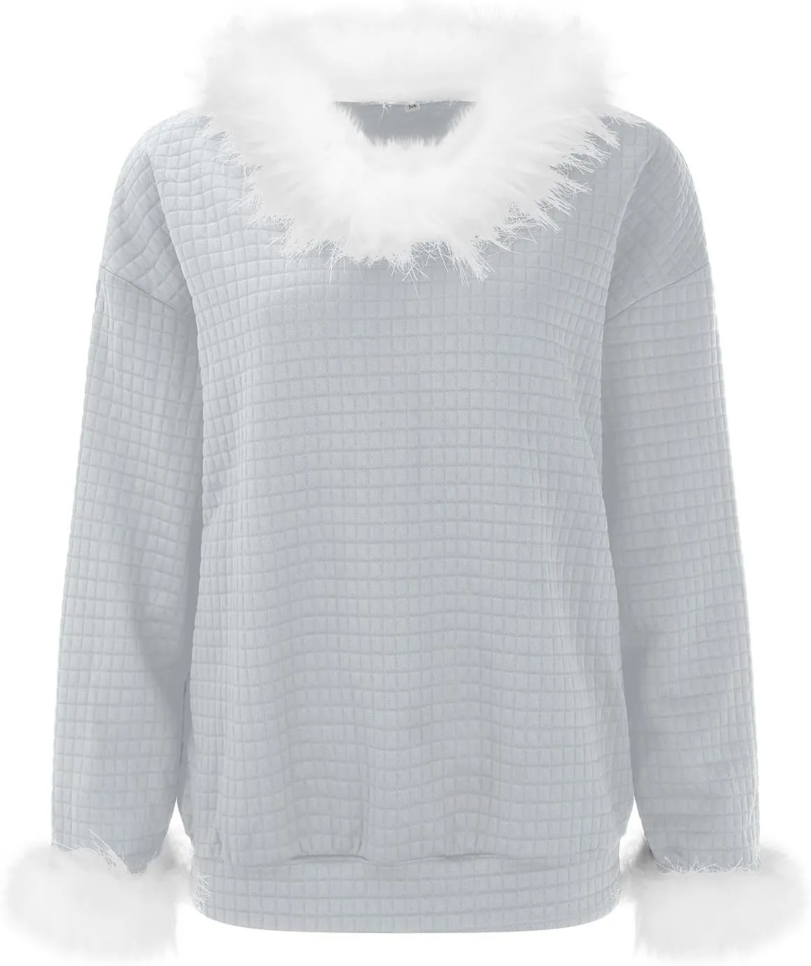 Waffle Knit Christmas Sweaters for Women Faux Fur Trim Pullover Holiday Hoodie Hooded Oversized Sweatshirt Tunic Tops
