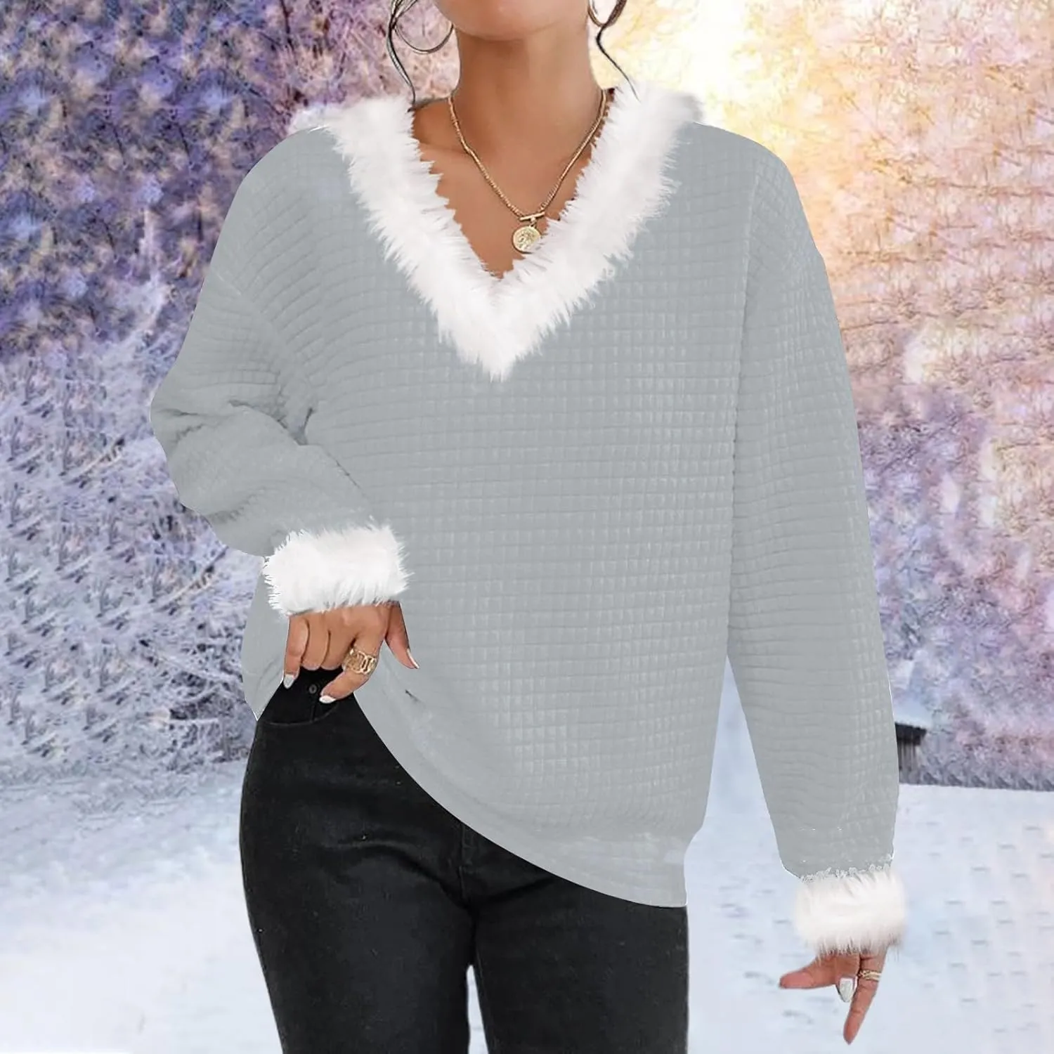 Waffle Knit Christmas Sweaters for Women Faux Fur Trim Pullover Holiday Hoodie Hooded Oversized Sweatshirt Tunic Tops