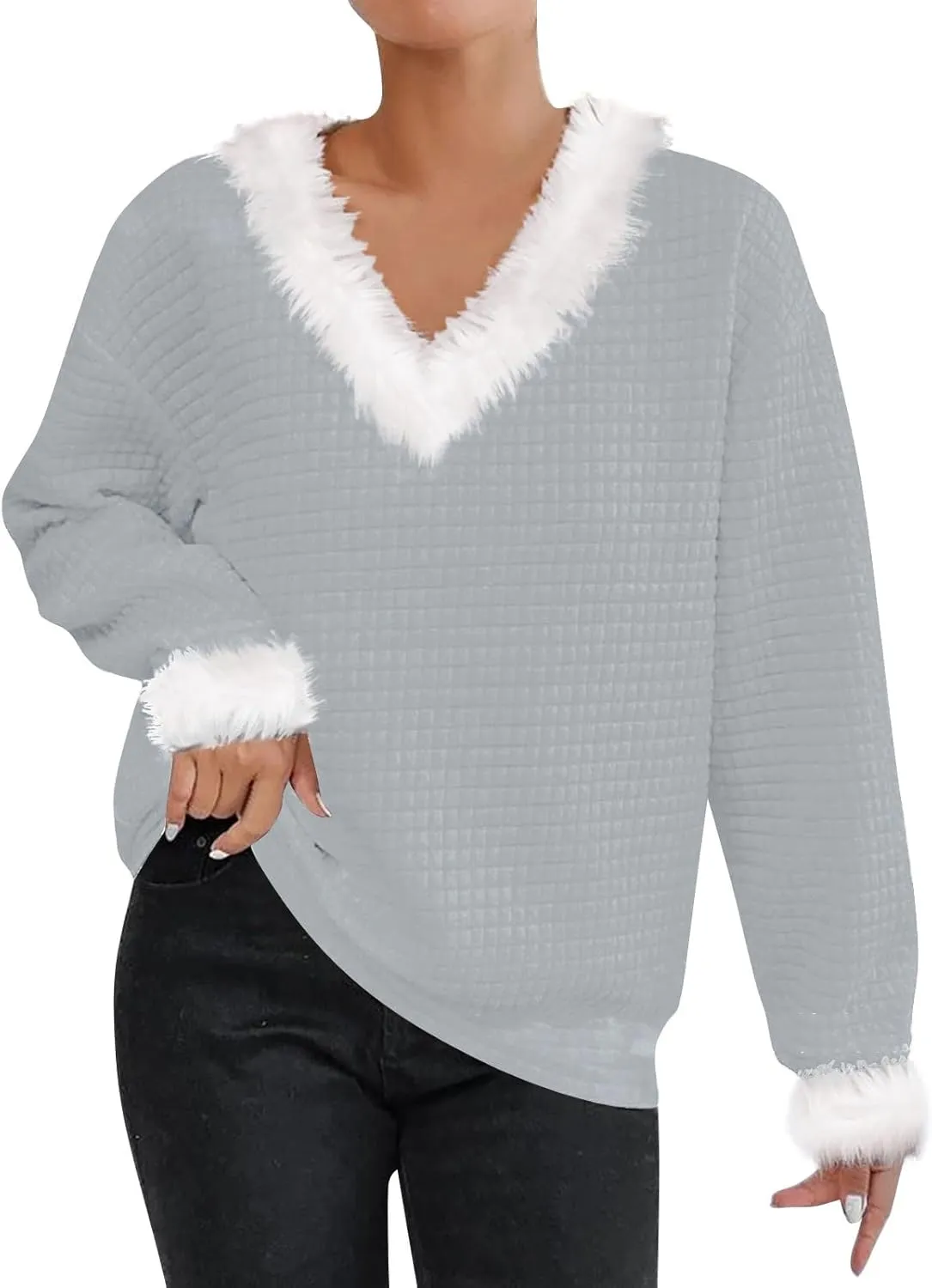 Waffle Knit Christmas Sweaters for Women Faux Fur Trim Pullover Holiday Hoodie Hooded Oversized Sweatshirt Tunic Tops