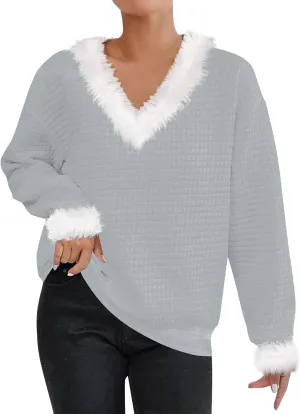 Waffle Knit Christmas Sweaters for Women Faux Fur Trim Pullover Holiday Hoodie Hooded Oversized Sweatshirt Tunic Tops