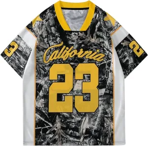 WDIRARA Men's Cheetah Letter Graphic Tees Oversized V Neck Short Sleeve Jersey T Shirt Tops