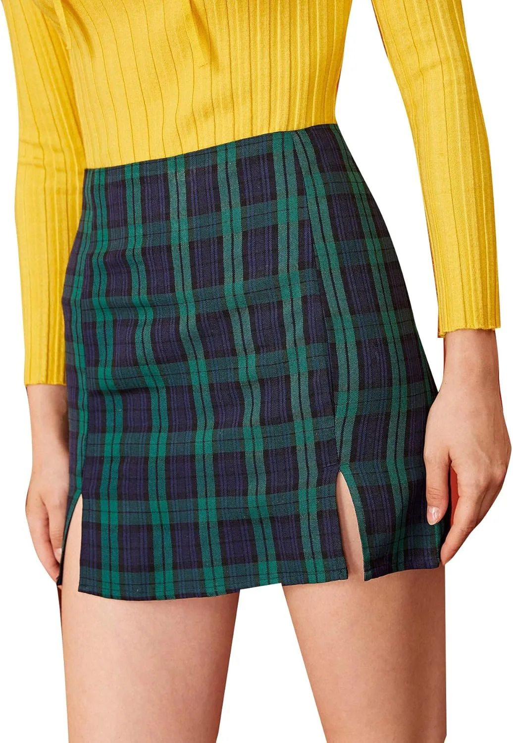 WDIRARA Women's Plaid Skirt High Waist Split Front Zip Up Mini Bodycon Skirt